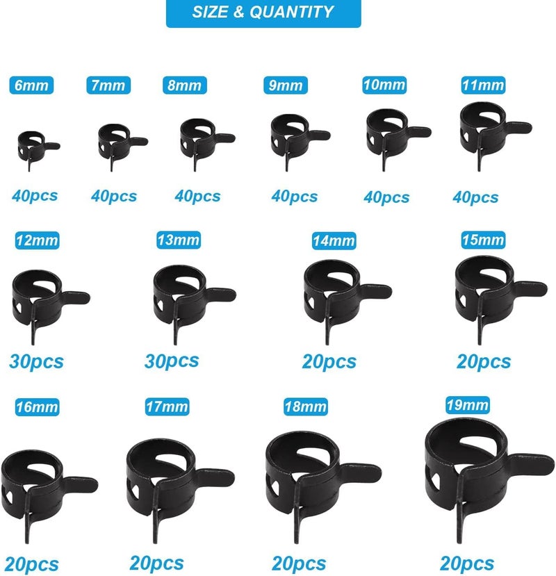 PEROMI 14 Size 6-19mm Spring Hose Clamps, Constant Tension Hose Clamp Fuel Line Silicone Vacuum Hose Steel Pipe Clamp, Low Pressure Air Clip Clamp, Black, 420pcs - Image 2